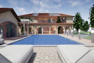 design villa interior, exterior apartment, bedroom, outdoor backyard, cgi render