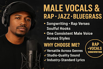 write lyrics and record male vocals in swing jazz, bluegrass, or rap