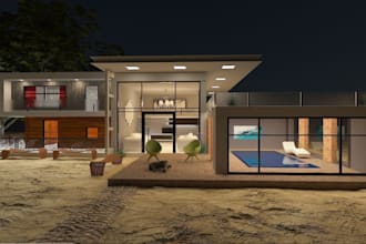 build 3d facade design, compound rendering, wall design,pool side, outdoor patio