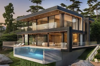 renew3d modern slope villa,hillside building  design,house elevation,8k exterior