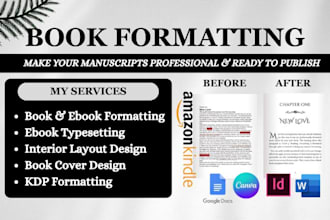 do book formatting, ebook typesetting, interior layout and cover design for kdp