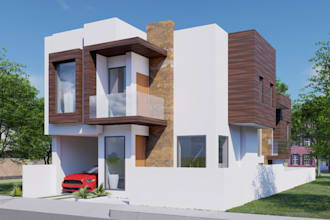restyle contemporary house, mansion exterior render, accent wood wall,cgi facade