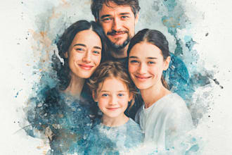 merge photos to watercolor family portrait illustration