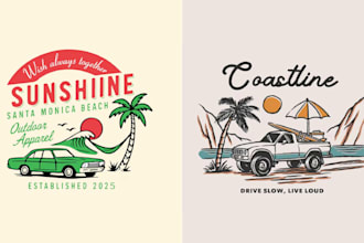 design retro hand drawn tropical car surf beach logo