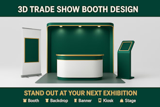 create 3d trade show booth, exhibition stand, backdrop, kiosk, trade show banner