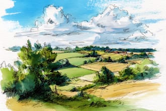 hand draw landscape sketch watercolor and ink