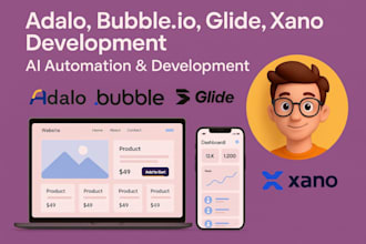 I will develop bubble io adalo glide flutter bubble mvp ai api web app saas mobile app