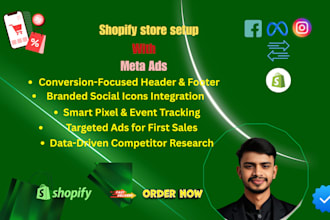 set up a shopify store with a professional header footer, run your first meta ad