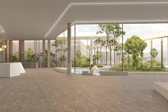 design hotel interior basements, lobby, restaurants rendering, modern furniture