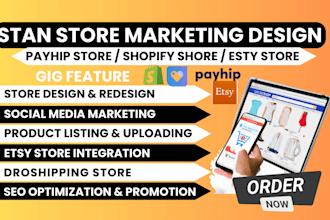 design shopify, stan store payhip website esty digital product sam cart gumroad