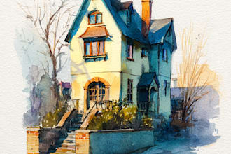 do handmade watercolor painting of house