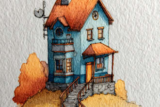 create hand drawn watercolor house illustration