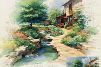draw watercolor drawings of landscape designs or home garden