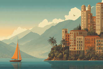 do vintage, retro, art deco, realistic travel poster landscape illustration