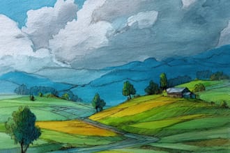 hand draw landscape sketch watercolor and ink