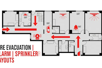 design, stamp fire evacuation, escape plan, fire sprinkler fire alarm layout