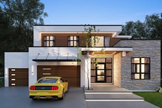 visualize 3d realistic duplex villa exterior,brick facade,garage,interior render
