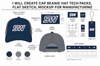 create cap beanie hat tech packs, flat sketch, mockup for manufacturing