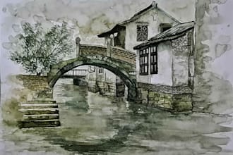 hand drawn artistic watercolor landscape or illustration