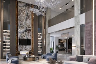 revamp 3d elegant apartment,private villa,marble wall,ambient lighting,fireplace