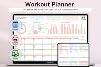 build fitness planner, gym workout, meal prep, tracker sheet, goals dashboard