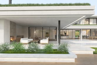 create realistic 3d villa and hotel exterior design with pool, patio and terrace