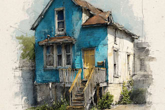 sketch and watercolor of house, building