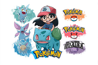 design pokemon chibi art funks anime style logo and text