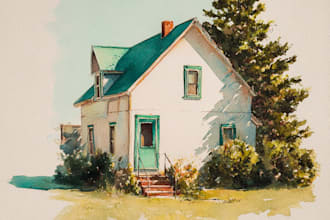 sketch and watercolor of house, building