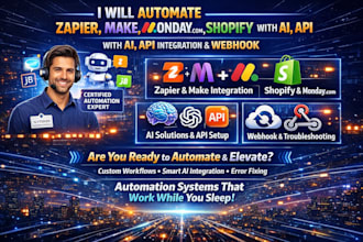 automate zapier, make, monday com, shopify with ai, API integration and webhook