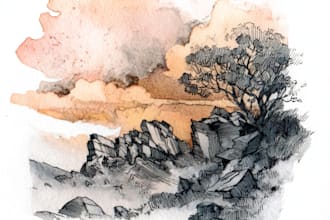 hand draw landscape sketch watercolor and ink