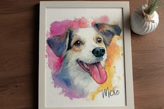 draw watercolor pet portrait, colorful canine wall decor