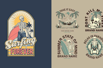 make summer surfing skeleton logo with illustration