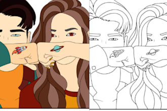 anime couple art illustration, family portrait, lovers line art couple portrait