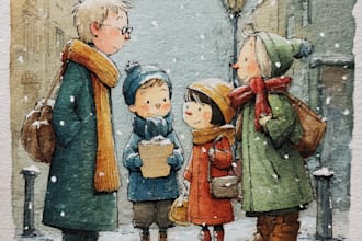 draw watercolor children book illustration, book cover, christmas art