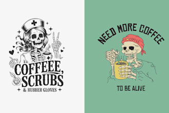 make retro illustration of skeleton stirring coffee shop logo