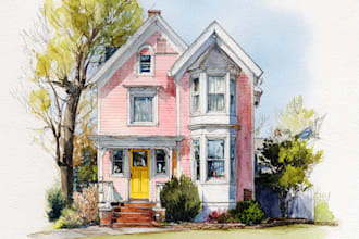 paint a unique style watercolor house portrait