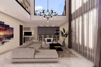 design functional kitchen, cozy living and elegant bedroom interiors in 3d