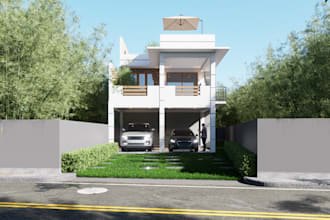rebuild 3d contemporary house, exterior villa, sketchup render, stylish entrance