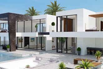 redesign deluxe villa,3d modern hose,balcony, terrace, pool, cgi exterior render