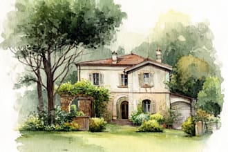 draw photo of house or landscape in watercolor illustration