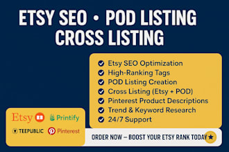boost etsy rank with seo tags, pod listing, cross listing, pinterest marketing
