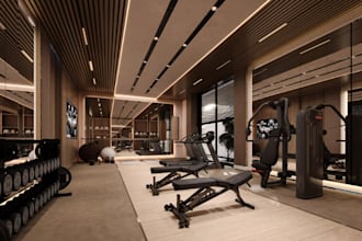 design realistic 3d gym interiors, house gym, hot yoga rooms, pilates studios