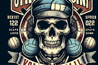 design a vintage skull championship volleyball mascot logo with t shirt design