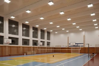 visualize 3d commercial building, indoor sport court,basketball arena,cgi render