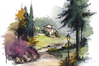 hand draw landscape sketch watercolor and ink