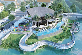 renovate 3d exterior elevation,real estate,pool deck, car park,lumion rendering