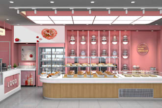 renovate modern bakery interior,counter elevation, grocery display,d5 light plan