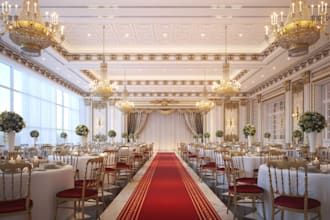 redesign classic event venue,banquet hall,furniture layout,wedding reception,cgi