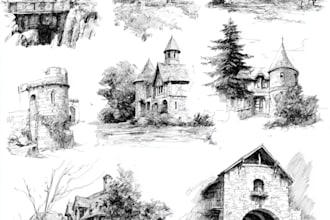 sketch landscape, house or building